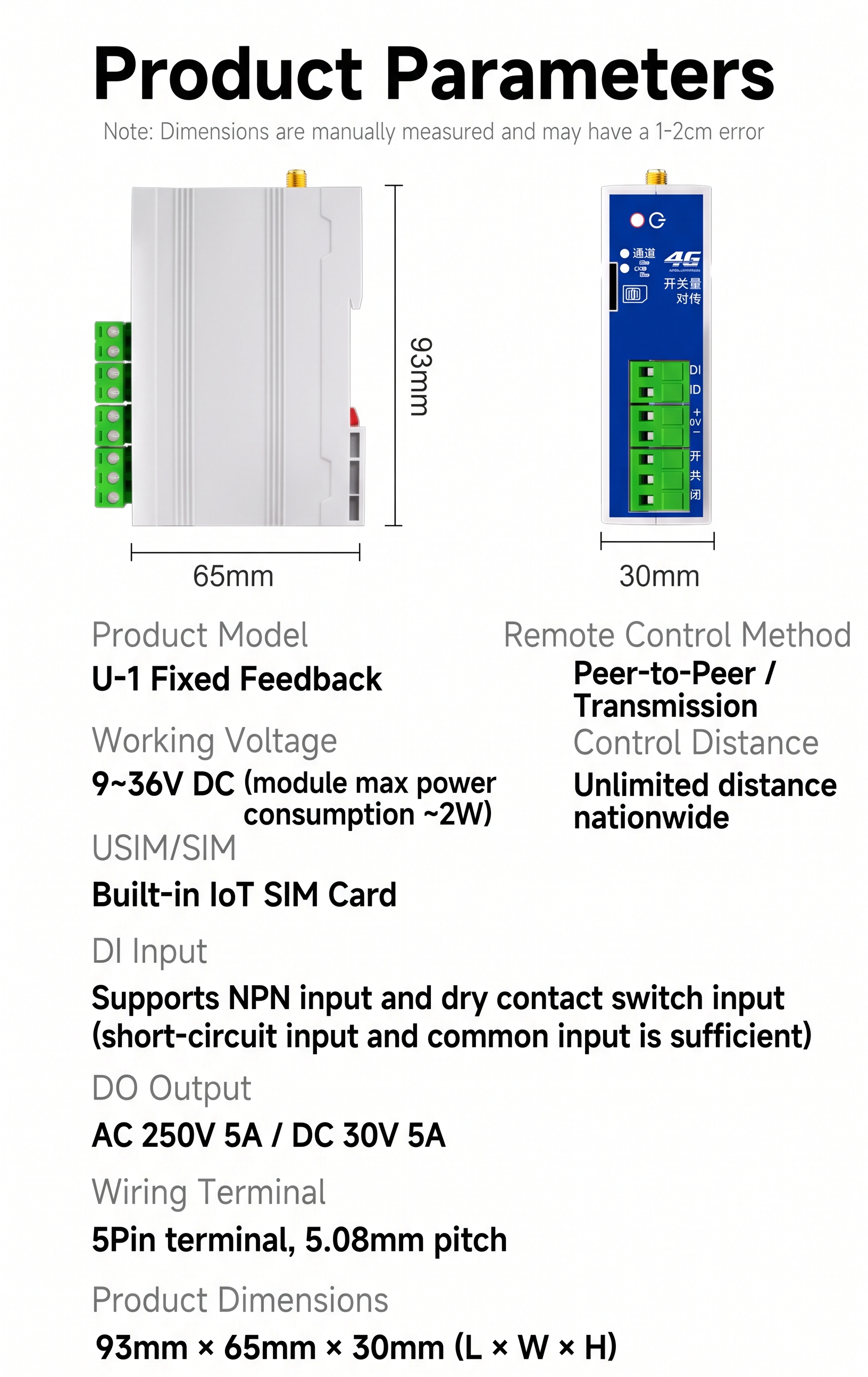 CH-04G U-1 Transmitter Module Mechanical Blueprint and 5-Pin Terminal Dimensions (93x65x30mm)