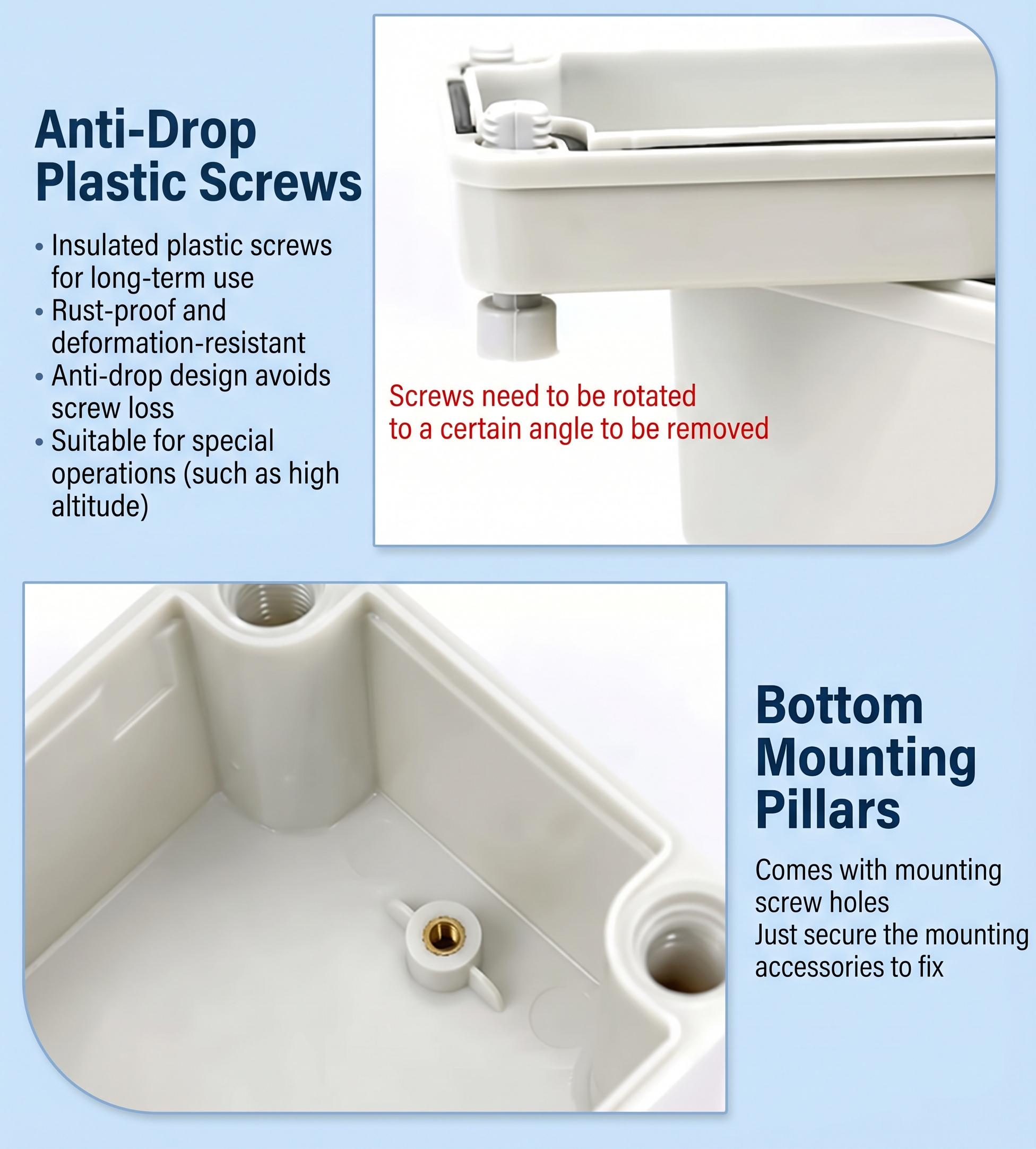 Captive Anti-Drop Screw Mechanism and Base Mounting Pillar Close-Up