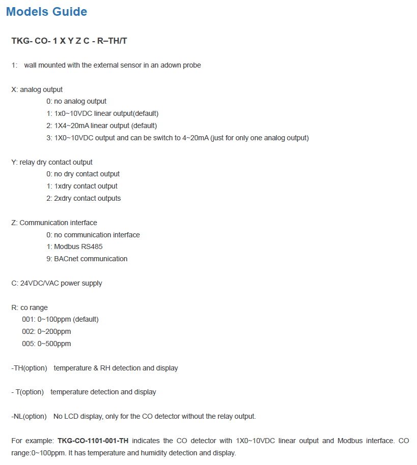 TKG-CO Electrical Wiring Diagram - 24V Power, RS-485 Modbus/BACnet, Analog Output, and Dual Relays